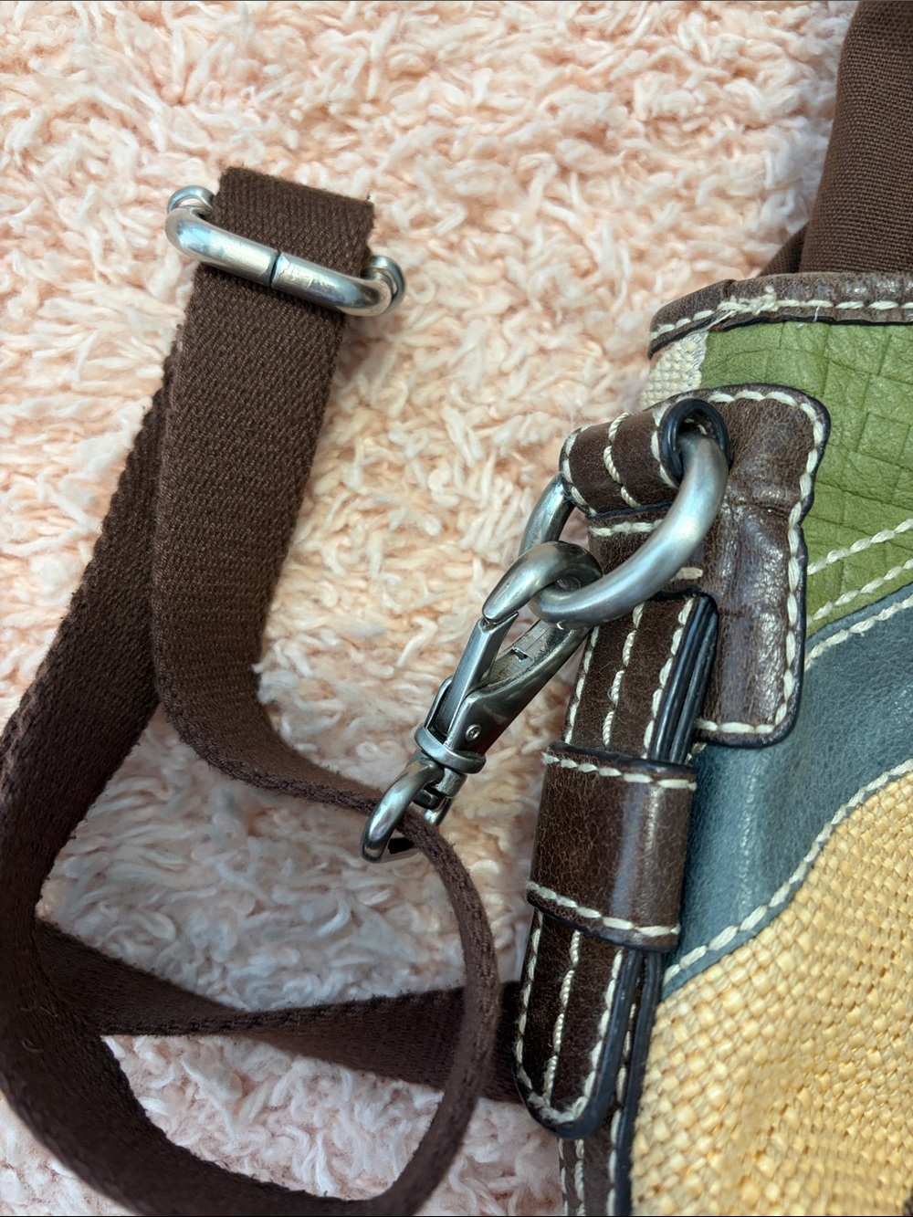 Fossil Kristy II patchwork hobo bag leather, suede, canvas wood handle crossbod - Picture 16 of 17